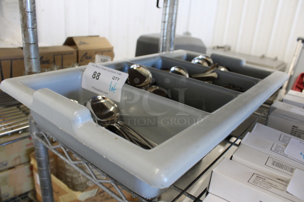 ALL ONE MONEY! Lot of Metal Soup Spoons in Gray 4 Compartment Silverware Caddy. 13x21x5 - Image 4 of 4