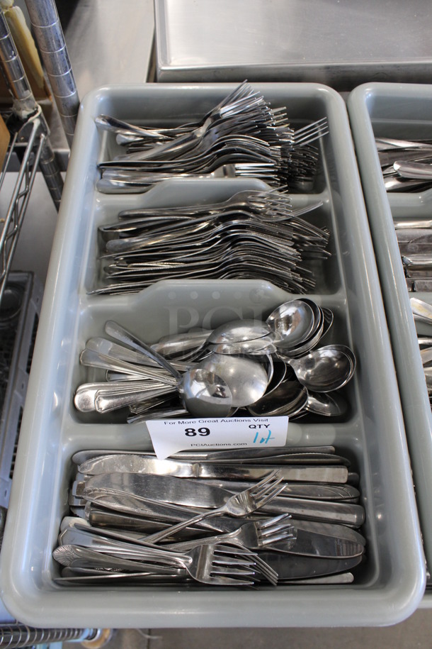 ALL ONE MONEY! Lot of Metal Forks, Spoons and Knives in Gray 4 Compartment Silverware Caddy. 11.5x20.5x3.5