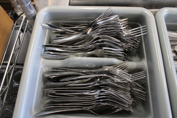 ALL ONE MONEY! Lot of Metal Forks, Spoons and Knives in Gray 4 Compartment Silverware Caddy. 11.5x20.5x3.5 - Image 2 of 4