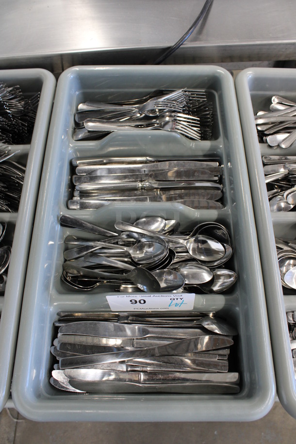 ALL ONE MONEY! Lot of Metal Forks, Spoons and Knives in Gray 4 Compartment Silverware Caddy. 11.5x20.5x3.5