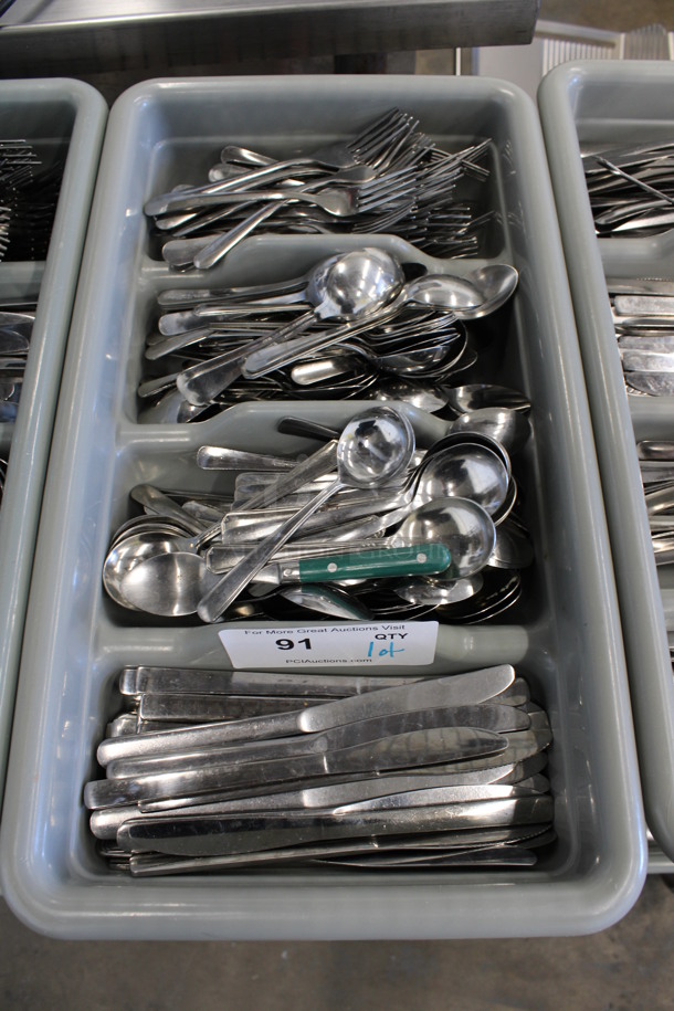 ALL ONE MONEY! Lot of Metal Forks, Spoons and Knives in Gray 4 Compartment Silverware Caddy. 11.5x20.5x3.5