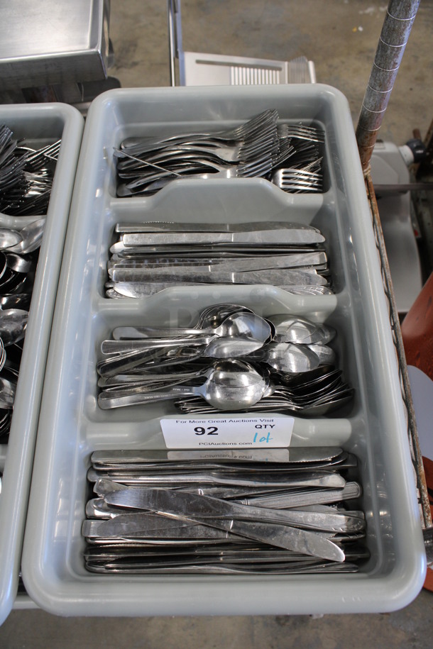 ALL ONE MONEY! Lot of Metal Forks, Spoons and Knives in Gray 4 Compartment Silverware Caddy. 11.5x20.5x3.5