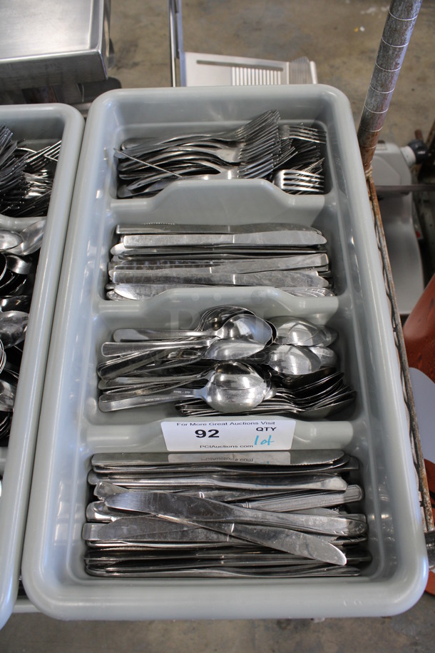 ALL ONE MONEY! Lot of Metal Forks, Spoons and Knives in Gray 4 Compartment Silverware Caddy. 11.5x20.5x3.5 - Image 1 of 4