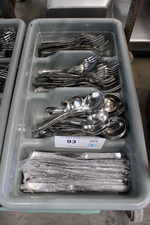 ALL ONE MONEY! Lot of Metal Forks, Spoons and Knives in Gray 4 Compartment Silverware Caddy. 11.5x20.5x3.5