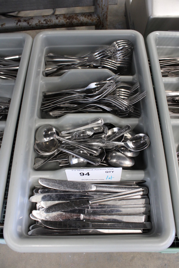 ALL ONE MONEY! Lot of Metal Forks, Spoons and Knives in Gray 4 Compartment Silverware Caddy. 11.5x20.5x3.5