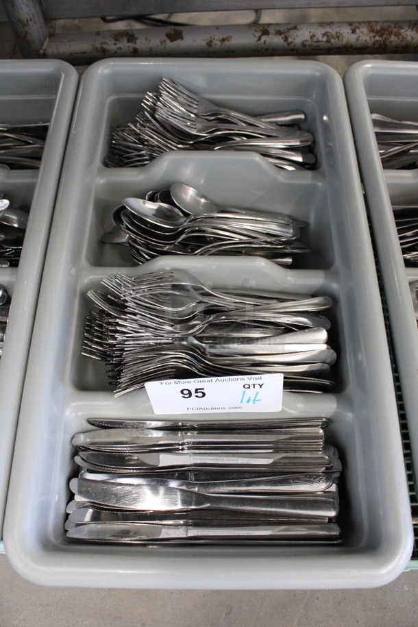 ALL ONE MONEY! Lot of Metal Forks, Spoons and Knives in Gray 4 Compartment Silverware Caddy. 11.5x20.5x3.5 - Image 1 of 4