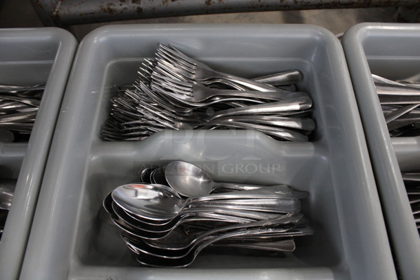 ALL ONE MONEY! Lot of Metal Forks, Spoons and Knives in Gray 4 Compartment Silverware Caddy. 11.5x20.5x3.5 - Image 2 of 4
