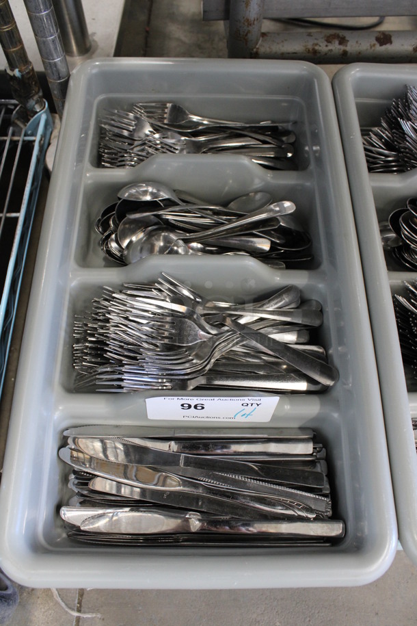 ALL ONE MONEY! Lot of Metal Forks, Spoons and Knives in Gray 4 Compartment Silverware Caddy. 11.5x20.5x3.5