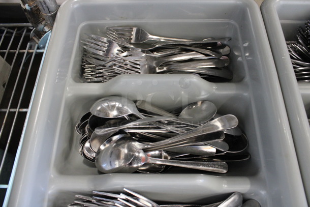 ALL ONE MONEY! Lot of Metal Forks, Spoons and Knives in Gray 4 Compartment Silverware Caddy. 11.5x20.5x3.5 - Image 2 of 4