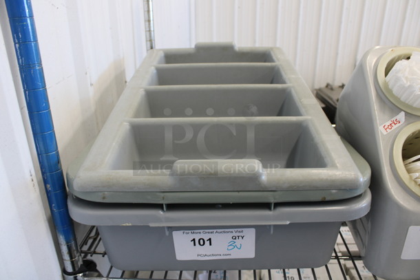 3 Various Gray Poly Bins; 1 Silverware and 2 Bus Bins. Includes 13x21x5, 15x20x5. 3 Times Your Bid!