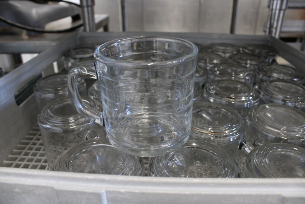 30 Glass Mugs in Dish Caddy. 4.5x3.5x3.5. 30 Times Your Bid!