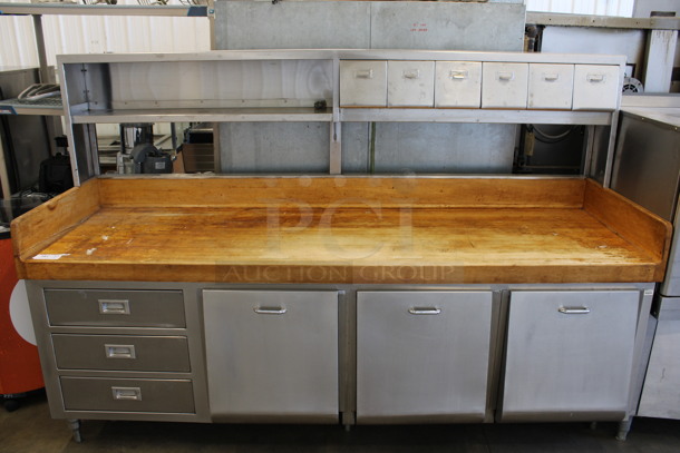 WOW! Stainless Steel Commercial Bakery Prep Table w/ Butcher Block Countertop, 3 Drawers, 3 Built In Ingredient Bins, 6 Overhead Small Built In Ingredient Bins and Over Shelf. 96x31x64