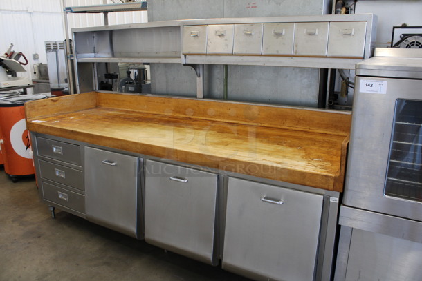 WOW! Stainless Steel Commercial Bakery Prep Table w/ Butcher Block Countertop, 3 Drawers, 3 Built In Ingredient Bins, 6 Overhead Small Built In Ingredient Bins and Over Shelf. 96x31x64 - Image 2 of 6