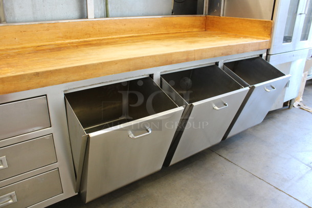 WOW! Stainless Steel Commercial Bakery Prep Table w/ Butcher Block Countertop, 3 Drawers, 3 Built In Ingredient Bins, 6 Overhead Small Built In Ingredient Bins and Over Shelf. 96x31x64 - Image 3 of 6