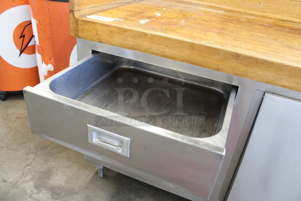 WOW! Stainless Steel Commercial Bakery Prep Table w/ Butcher Block Countertop, 3 Drawers, 3 Built In Ingredient Bins, 6 Overhead Small Built In Ingredient Bins and Over Shelf. 96x31x64 - Image 4 of 6