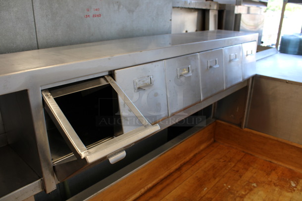 WOW! Stainless Steel Commercial Bakery Prep Table w/ Butcher Block Countertop, 3 Drawers, 3 Built In Ingredient Bins, 6 Overhead Small Built In Ingredient Bins and Over Shelf. 96x31x64 - Image 5 of 6