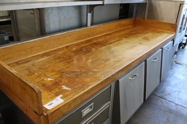WOW! Stainless Steel Commercial Bakery Prep Table w/ Butcher Block Countertop, 3 Drawers, 3 Built In Ingredient Bins, 6 Overhead Small Built In Ingredient Bins and Over Shelf. 96x31x64 - Image 6 of 6