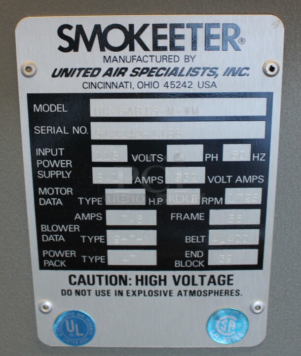 Smokeeter Model DC-SABIS-M-WM Metal Commercial Air Purifier. 115 Volts, 1 Phase. 38x47x23. Tested and Working! - Image 3 of 6
