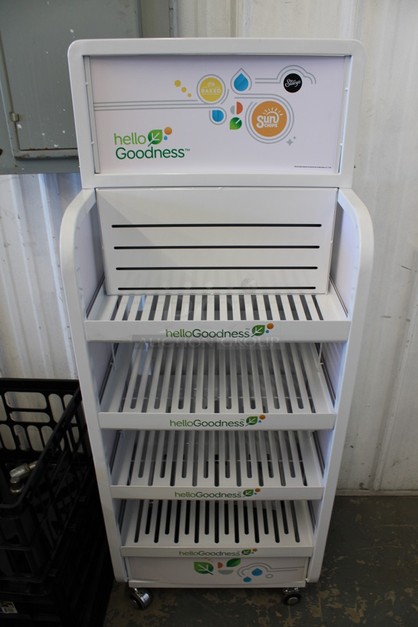 White Metal Display Rack on Commercial Casters. 20x16x52