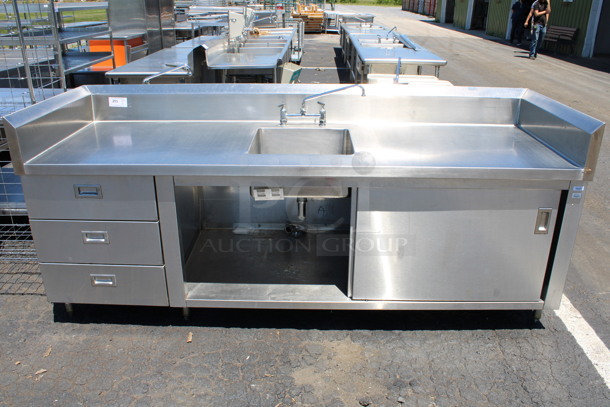 Stainless Steel Commercial Counter w/ Sink Basin, Faucet, Handles, Back/Side Splash Guards, 3 Drawers and Undershelf. 96x32x41. Bay 18x18x8