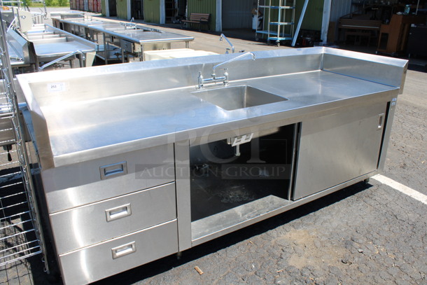 Stainless Steel Commercial Counter w/ Sink Basin, Faucet, Handles, Back/Side Splash Guards, 3 Drawers and Undershelf. 96x32x41. Bay 18x18x8 - Image 3 of 6