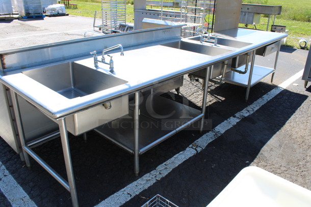 Stainless Steel Commercial Table w/ 3 Sink Bays, 2 Faucets, Handles, 2 Drawers and 2 Under Shelves. 162x36x34.5. Bay 18x30x10