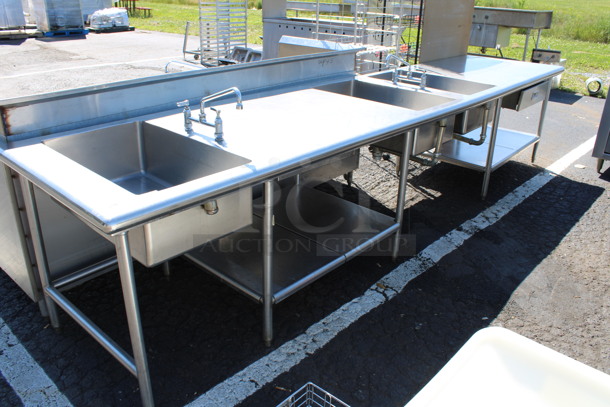 Stainless Steel Commercial Table w/ 3 Sink Bays, 2 Faucets, Handles, 2 Drawers and 2 Under Shelves. 162x36x34.5. Bay 18x30x10 - Image 1 of 7