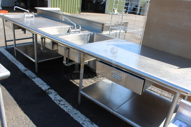 Stainless Steel Commercial Table w/ 3 Sink Bays, 2 Faucets, Handles, 2 Drawers and 2 Under Shelves. 162x36x34.5. Bay 18x30x10 - Image 6 of 7