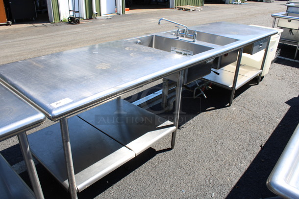 Stainless Steel Commercial Counter w/ 2 Sink Basins, Faucet, Handles, 2 Drawers and Undershelf. 138x36x34. Bay 18x30x10