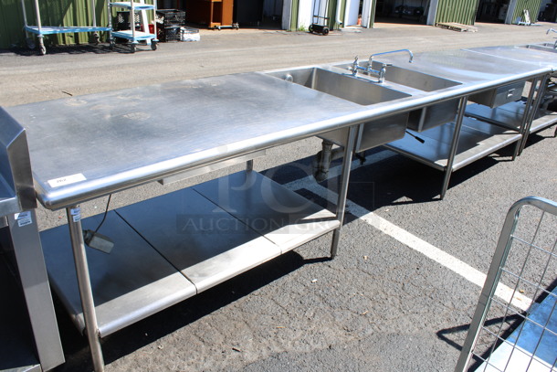 Stainless Steel Commercial Counter w/ 2 Sink Basins, Faucet, Handles, 2 Drawers and Undershelf. 162x36x34. Bay 18x30x10