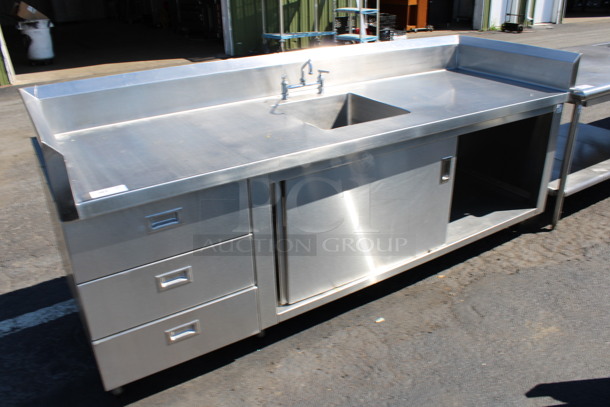 Stainless Steel Commercial Table w/ Sink Bay, Faucet, Handles, Back/Side Splash Guards, 3 Drawers and Under Shelf. 96x32x41. Bay 18x18x8