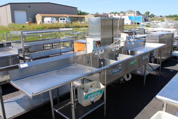 Stainless Steel Commercial 3 Bay Sink w/ Dual Drainboards, Faucets, Handles and Spray Nozzle Attachment. 169x30x42. Bays 24x26x10