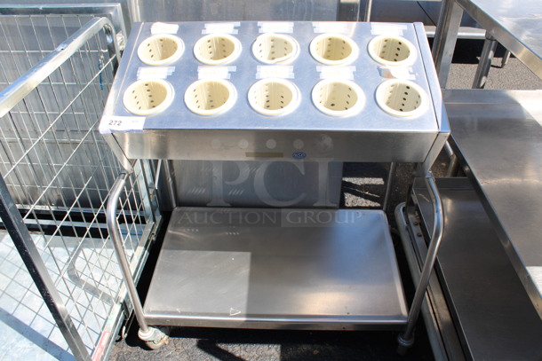 Stainless Steel Commercial Silverware Rack w/ 10 Drop Ins and Under Shelf on Commercial Casters. 32x22x38