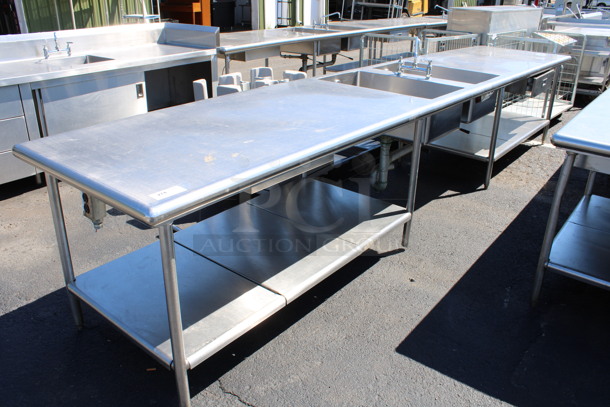 Stainless Steel Commercial Counter w/ 2 Sink Basins, Faucet, Handles, 2 Drawers and Undershelf. 180x36x34. Bay 18x30x10
