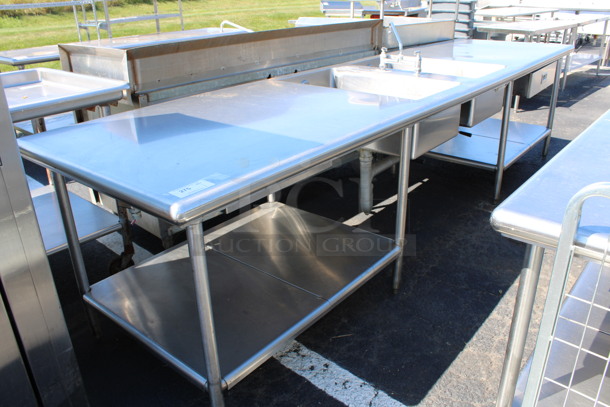 Stainless Steel Commercial Counter w/ 2 Sink Basins, Faucet, Handles, 2 Drawers and Undershelf. 138x36x34. Bay 18x30x10