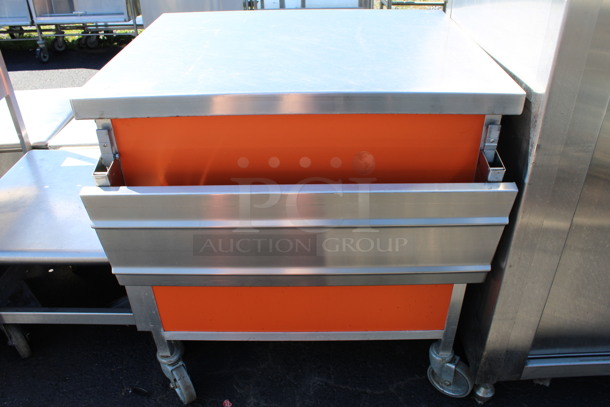 Stainless Steel Commercial Counter w/ 2 Tray Slides on Commercial Casters. 33x33x35.5