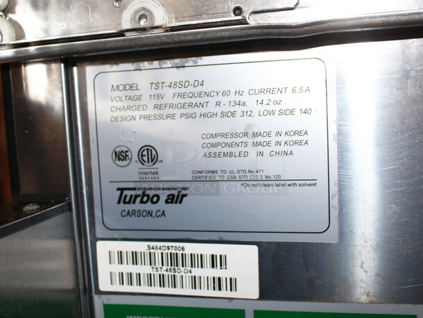 TurboAir Super Deluxe 4 drawer Make Table on commercial casters Working when removed  Model# TST-48SD-D4, 115V 60Hz 6.5amp  - Image 4 of 7