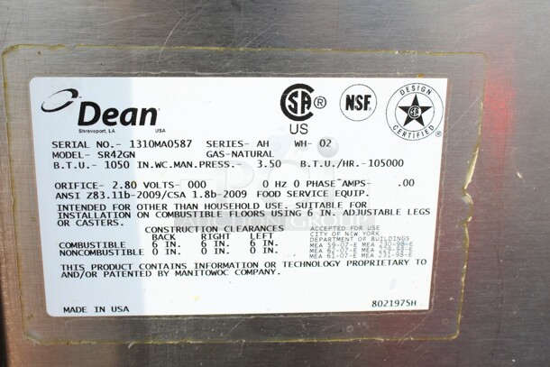Dean deep fryer natural gas BTU 105000 model SR42GN  - Image 2 of 6