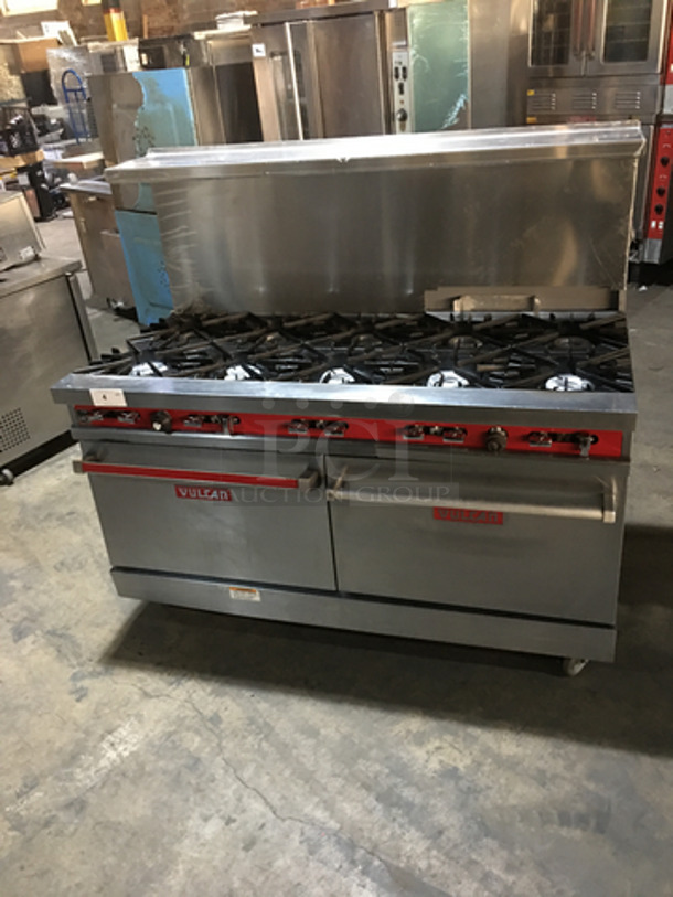 BEAUTIFUL! Vulcan Commercial Natural Gas Powered 10 Burner Stove! With Backsplash & Overhead Salamander Shelf! With 2 Full Size Ovens Underneath! On Commercial Casters!