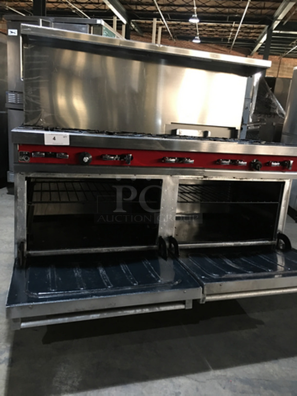 BEAUTIFUL! Vulcan Commercial Natural Gas Powered 10 Burner Stove! With Backsplash & Overhead Salamander Shelf! With 2 Full Size Ovens Underneath! On Commercial Casters! - Image 7 of 11
