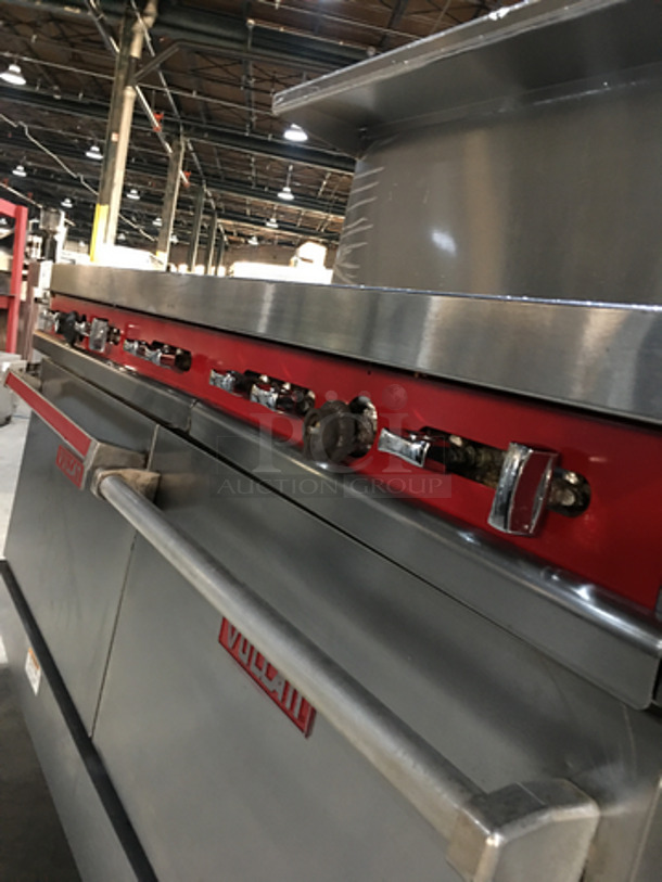 BEAUTIFUL! Vulcan Commercial Natural Gas Powered 10 Burner Stove! With Backsplash & Overhead Salamander Shelf! With 2 Full Size Ovens Underneath! On Commercial Casters! - Image 9 of 11