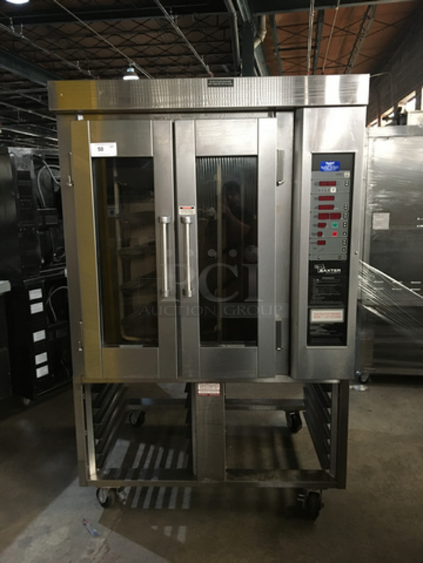 Sweet! Baxter Commercial Natural Gas Powered Mini Rack Rotating Convection Oven! With Full Size Sheet Pan Rack Holder Underneath! All Stainless Steel! With View Through Doors! On Commercial Casters!