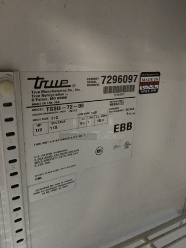 True Commercial Refrigerated Sandwich Prep Table! With Right Side Prep Area! With 3 Doors Underneath Storage Space! Model TSSU7208 Serial 7296097! 115V 1Phase! - Image 8 of 10