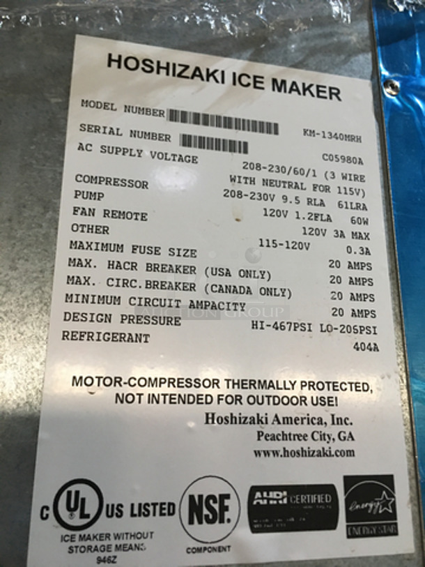 WOW! Hoshizaki Commercial Ice Making Machine! On Ice Bin! All Stainless Steel! Model KM1340MRH Serial C05980A! 208/230V 1Phase! On Legs! 2 X Your Bid! Makes One Unit! - Image 6 of 7