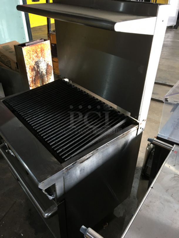 All Stainless Steel Natural Gas Powered Char Broiler Grill! With Oven Underneath! With Backsplash & Overhead Salamander Shelf! On Legs! - Image 2 of 11