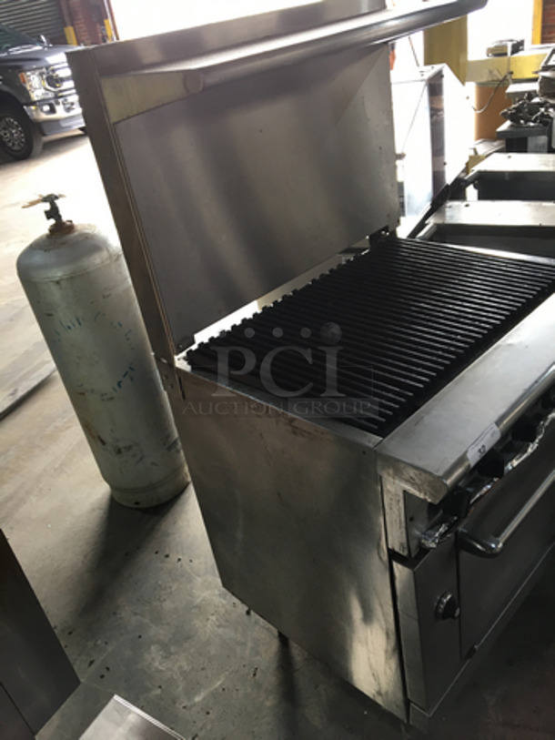 All Stainless Steel Natural Gas Powered Char Broiler Grill! With Oven Underneath! With Backsplash & Overhead Salamander Shelf! On Legs! - Image 3 of 11