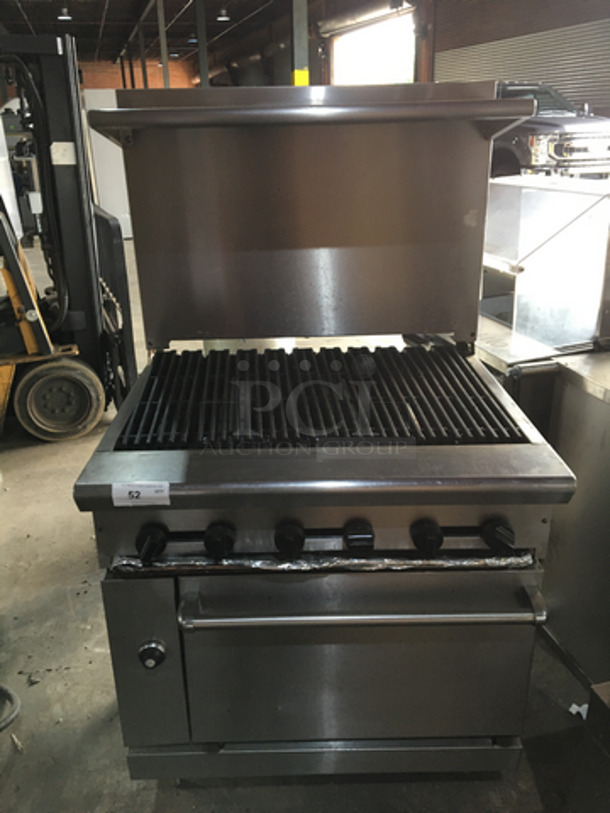 All Stainless Steel Natural Gas Powered Char Broiler Grill! With Oven Underneath! With Backsplash & Overhead Salamander Shelf! On Legs!