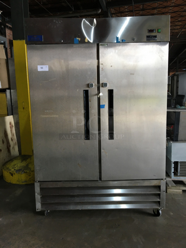 Artic Air Commercial 2 Door Reach In Freezer! With Poly Coated Racks! All Stainless Steel! Model AF49 Serial 380755! 115V 1Phase! On Commercial Casters!