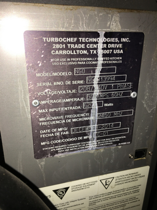 Nice! 2014 Turbo Chef Counter Top Rapid Speed Oven! Model NGO Serial NGOD13994! 208/240V 1 Phase! On Legs! - Image 8 of 9
