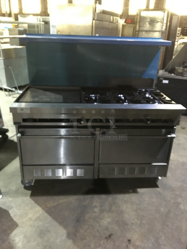 BEAUTIFUL! Sunfire Commercial Natural Gas Powered 6 Burner Stove! With Left Side Flat Griddle! With 2 Full Size Ovens Underneath! With Backsplash & Overhead Salamander Shelf! All Stainless Steel! On Casters!